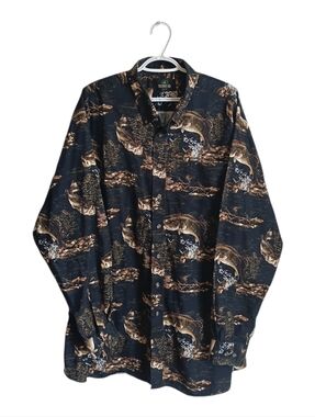 Vintage Redhead Wide Mouth Bass Fish AOP Print Button-Up Shirt XXL Tall